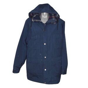 Vintage St John's Bay Winter Coat 2-Way Zip Navy Blue Wool Flannel Lined Hooded